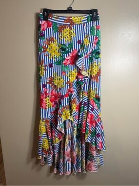 NWT Me2Magic Tropical Floral Stripe Hi Low Ruffle Midi Skirt L